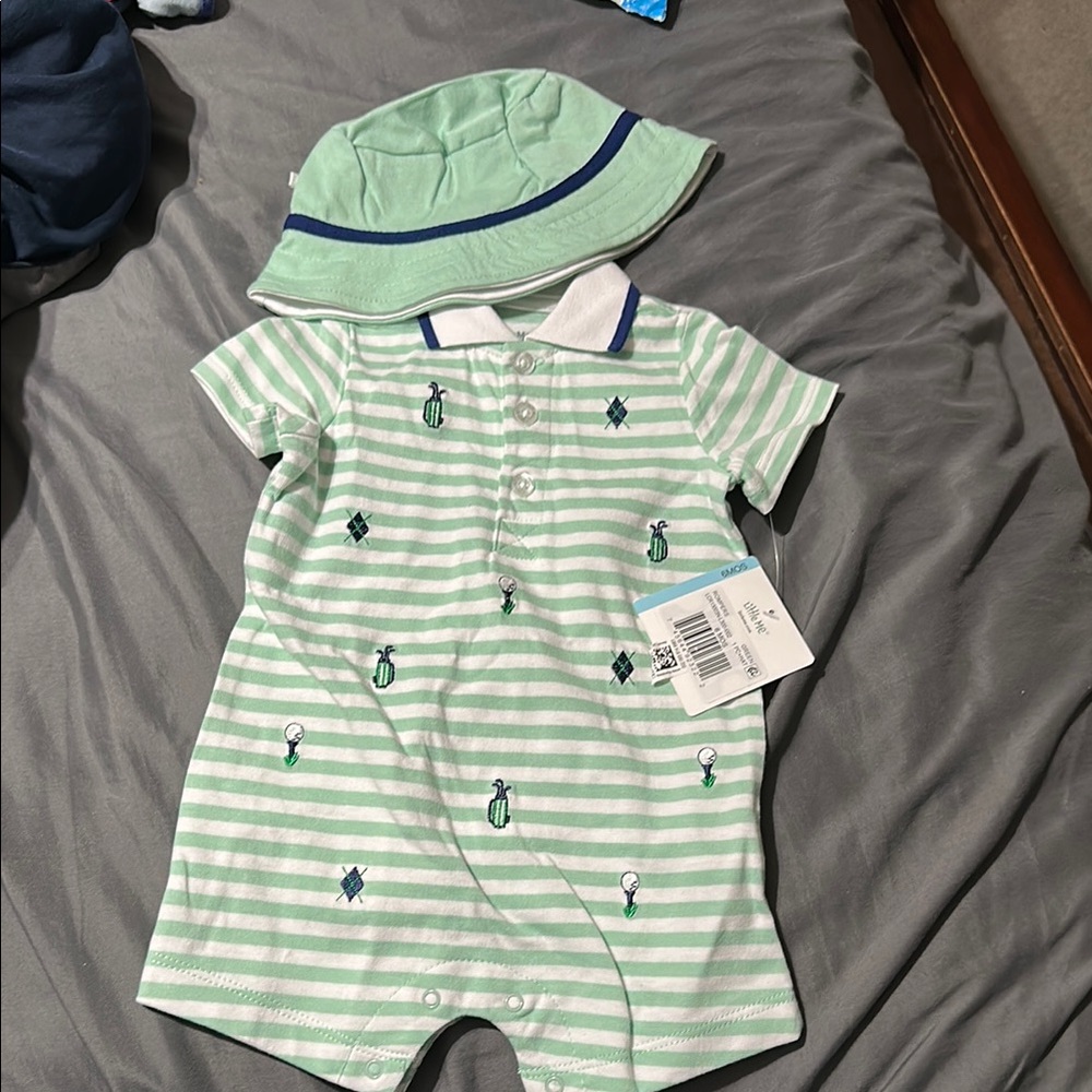 Green Striped Baby Romper with Hat